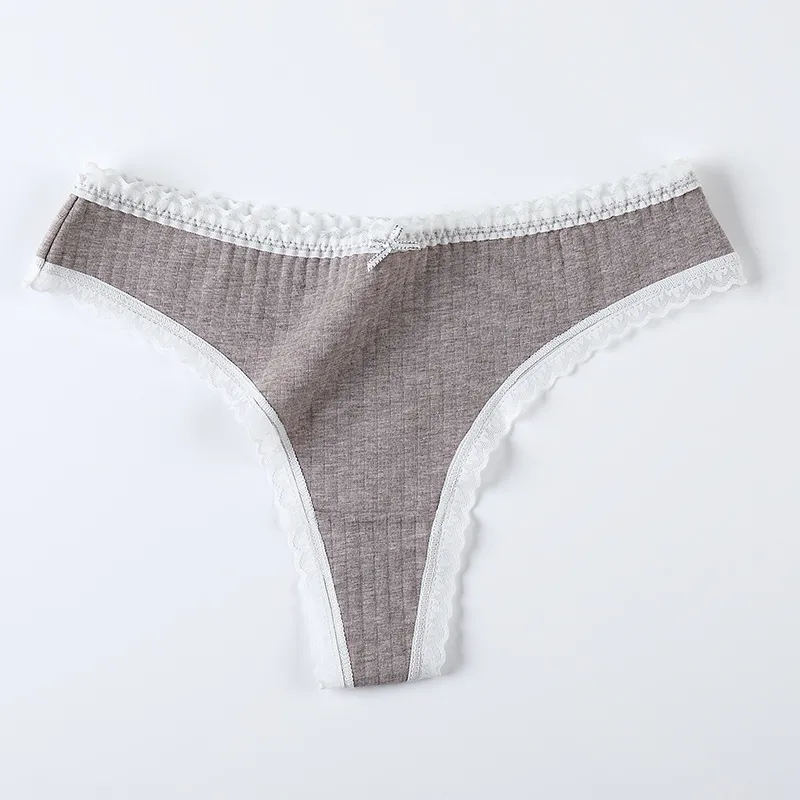 Women′s Underwear Cotton Silk Antibacterial Crotch Sexy Lace Trim Thong