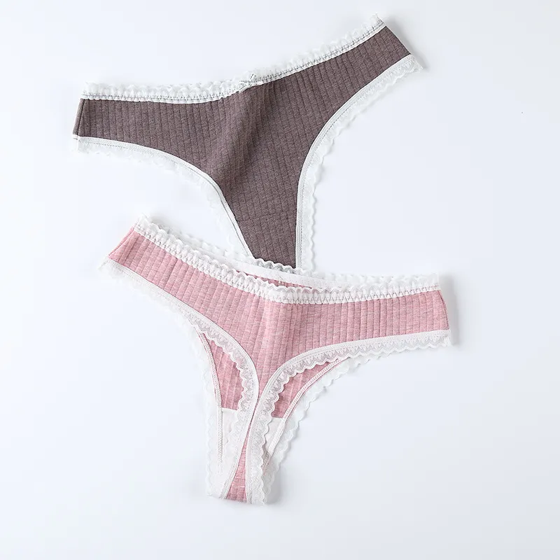Women′s Underwear Cotton Silk Antibacterial Crotch Sexy Lace Trim Thong