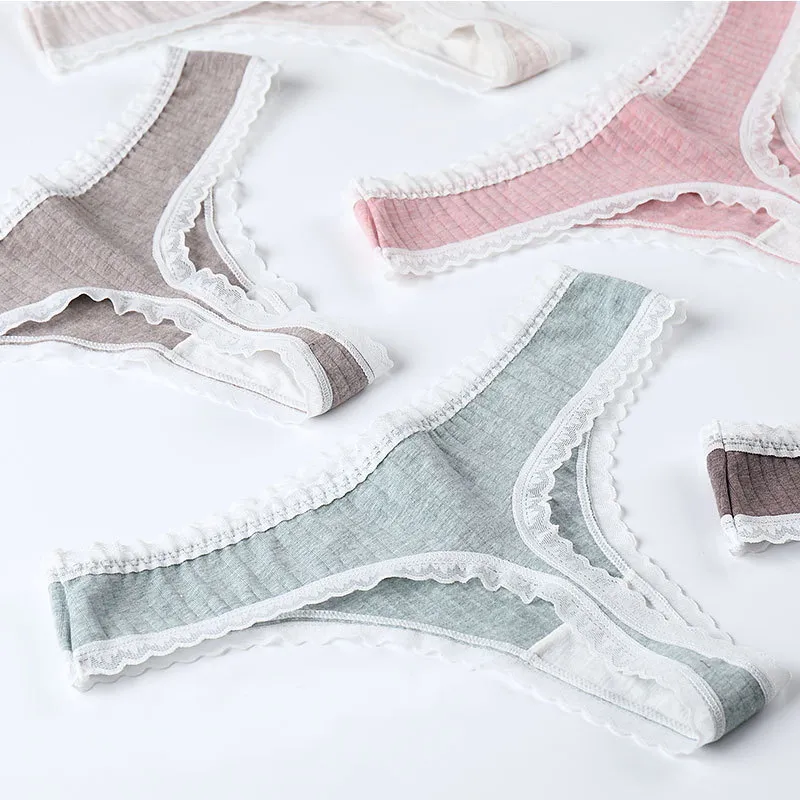 Women′s Underwear Cotton Silk Antibacterial Crotch Sexy Lace Trim Thong