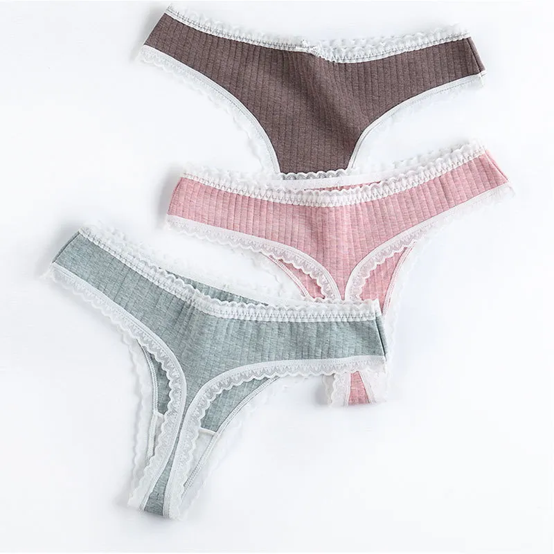 Women′s Underwear Cotton Silk Antibacterial Crotch Sexy Lace Trim Thong