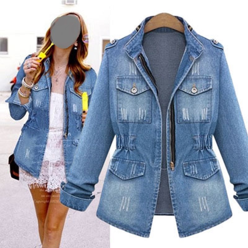 Women Slim Fit Long Sleeve Denim Jacket Plus Size Coat Zippered Outwear Esg13444