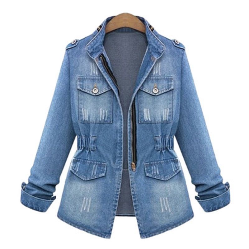 Women Slim Fit Long Sleeve Denim Jacket Plus Size Coat Zippered Outwear Esg13444