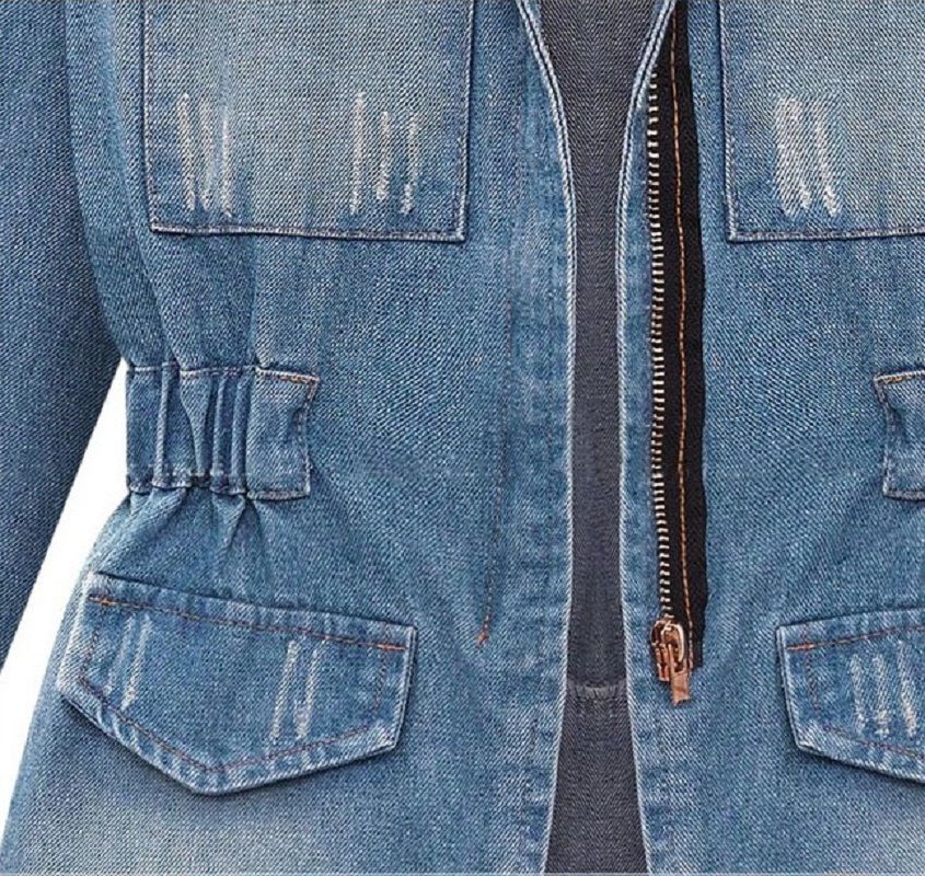 Women Slim Fit Long Sleeve Denim Jacket Plus Size Coat Zippered Outwear Esg13444