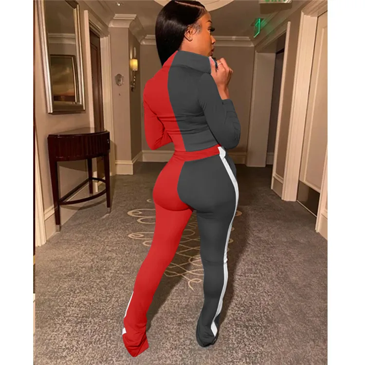 Women Solid Color Sportswear Contrast New Arrival Fall Winter Casual Color Patchwork Tracksuits Two Pieces Top Pants Jogger Set