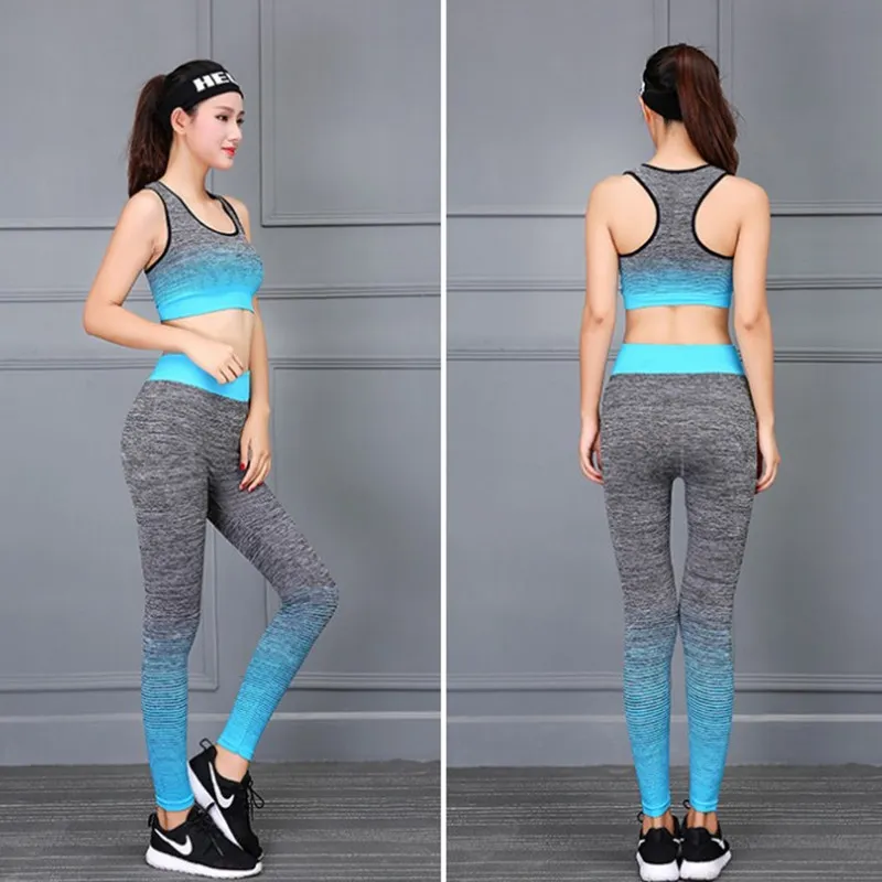 Women Summer Sports Gym Active Wear Seamless Sexy Ombre Stripes Fitness Yoga Wear