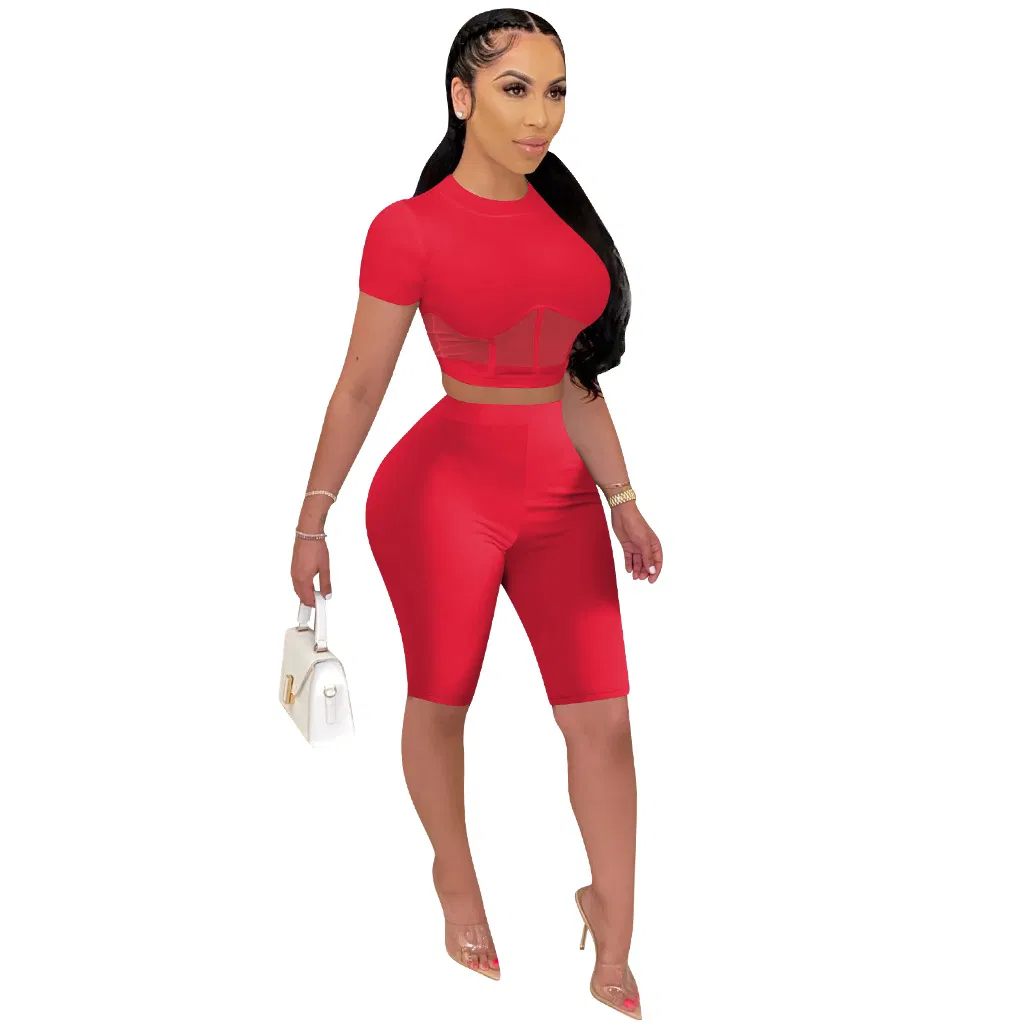 Women Two Piece Set Mesh Splicing O-Neck Crop Tops Knee Length Leggings Jogger Pant Suit Tracksuit Matching Set Outfit