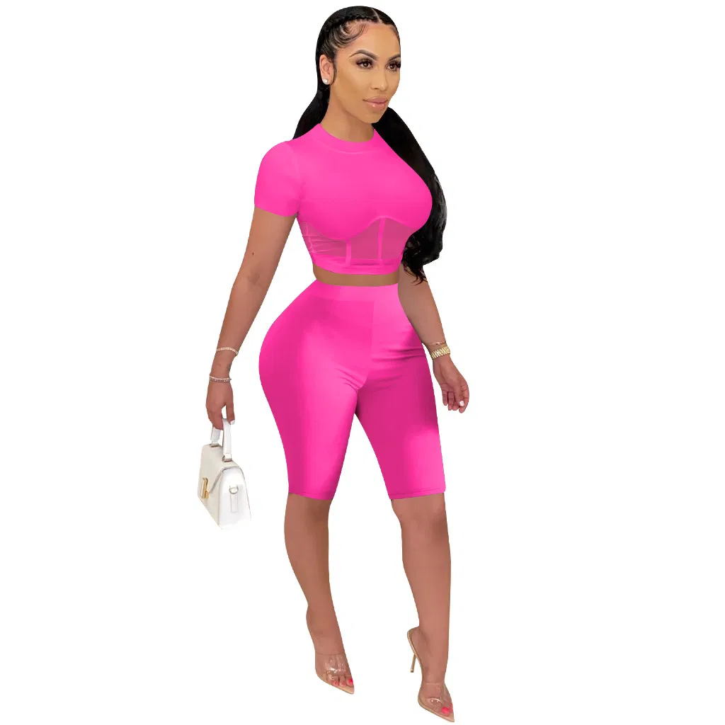 Women Two Piece Set Mesh Splicing O-Neck Crop Tops Knee Length Leggings Jogger Pant Suit Tracksuit Matching Set Outfit