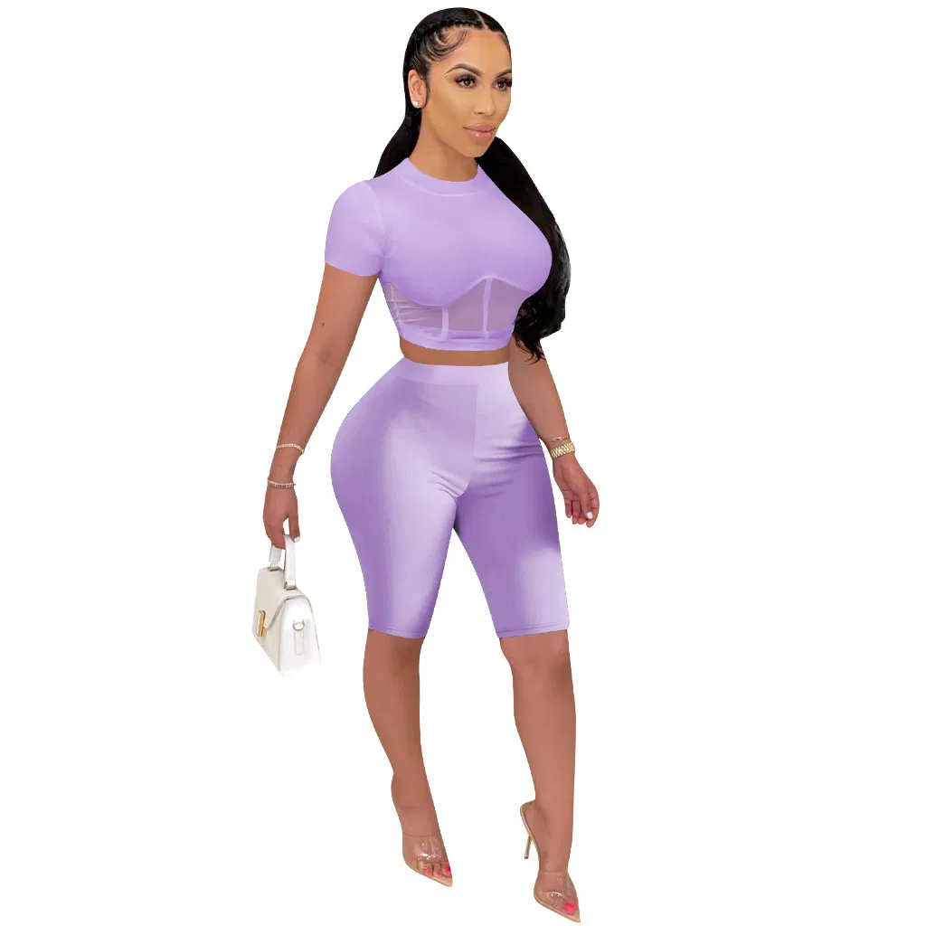 Women Two Piece Set Mesh Splicing O-Neck Crop Tops Knee Length Leggings Jogger Pant Suit Tracksuit Matching Set Outfit