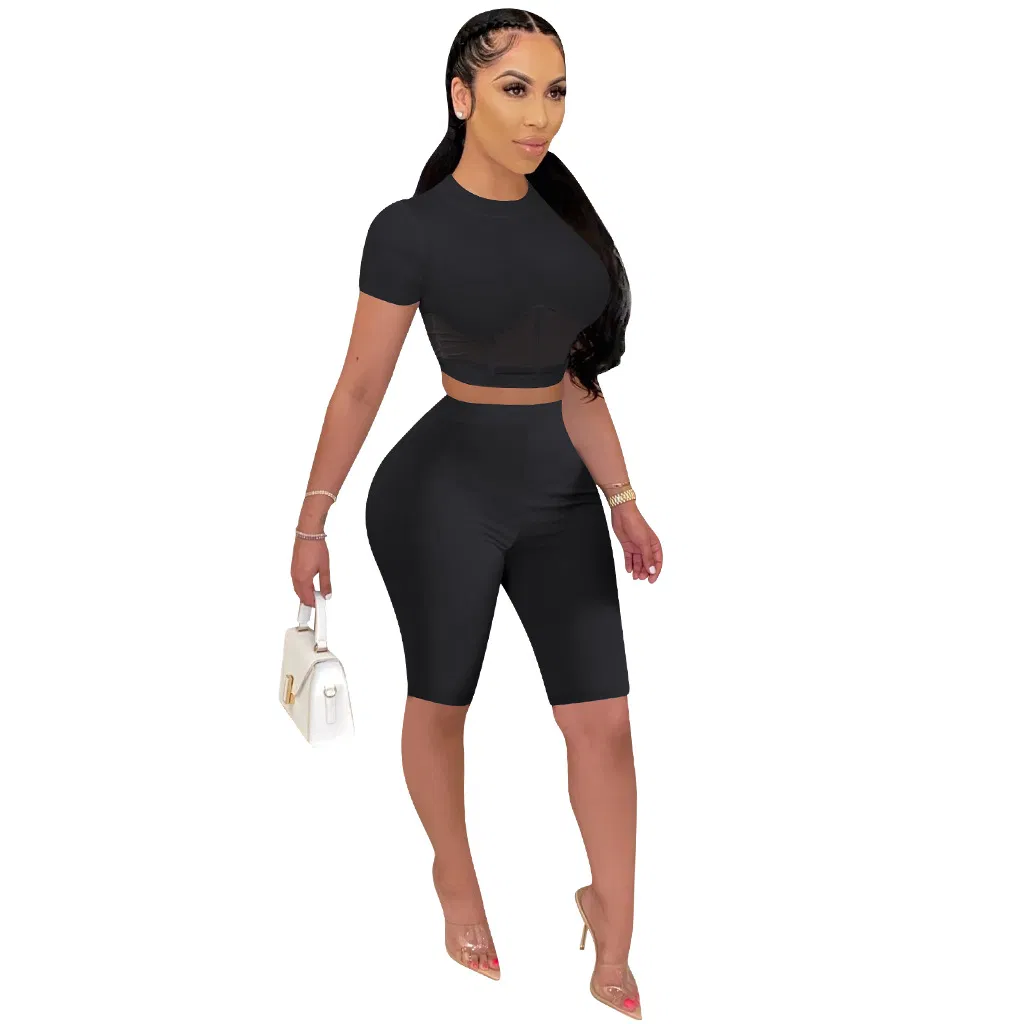 Women Two Piece Set Mesh Splicing O-Neck Crop Tops Knee Length Leggings Jogger Pant Suit Tracksuit Matching Set Outfit