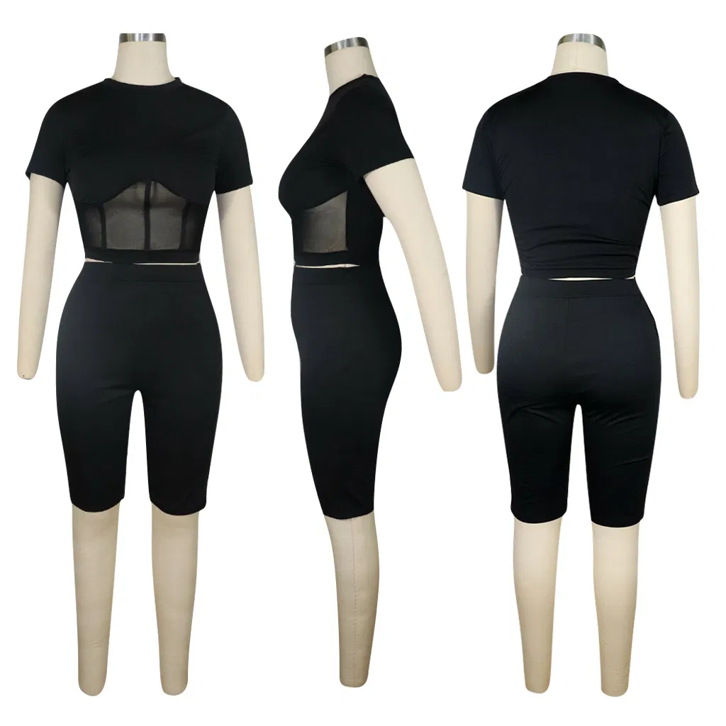 Women Two Piece Set Mesh Splicing O-Neck Crop Tops Knee Length Leggings Jogger Pant Suit Tracksuit Matching Set Outfit