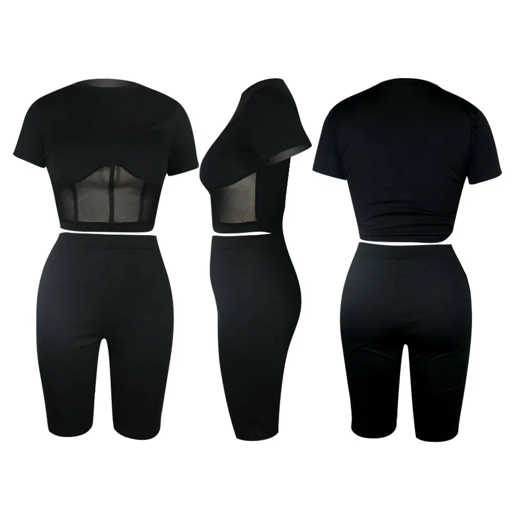 Women Two Piece Set Mesh Splicing O-Neck Crop Tops Knee Length Leggings Jogger Pant Suit Tracksuit Matching Set Outfit