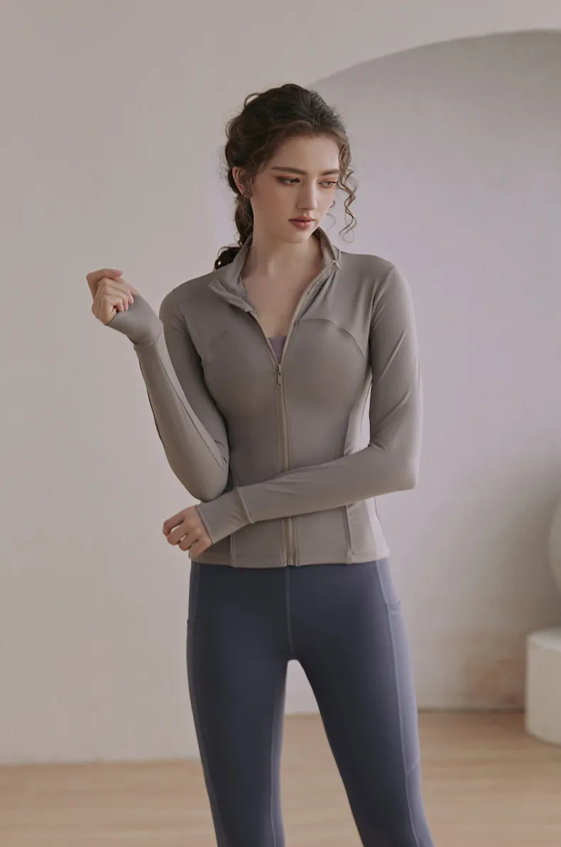 Yoga Wear Stand-up Collar Cardigan Zipper Sports Jacket Women′s Tight-Fitting Running Quick-Drying Long-Sleeved Fitness Top