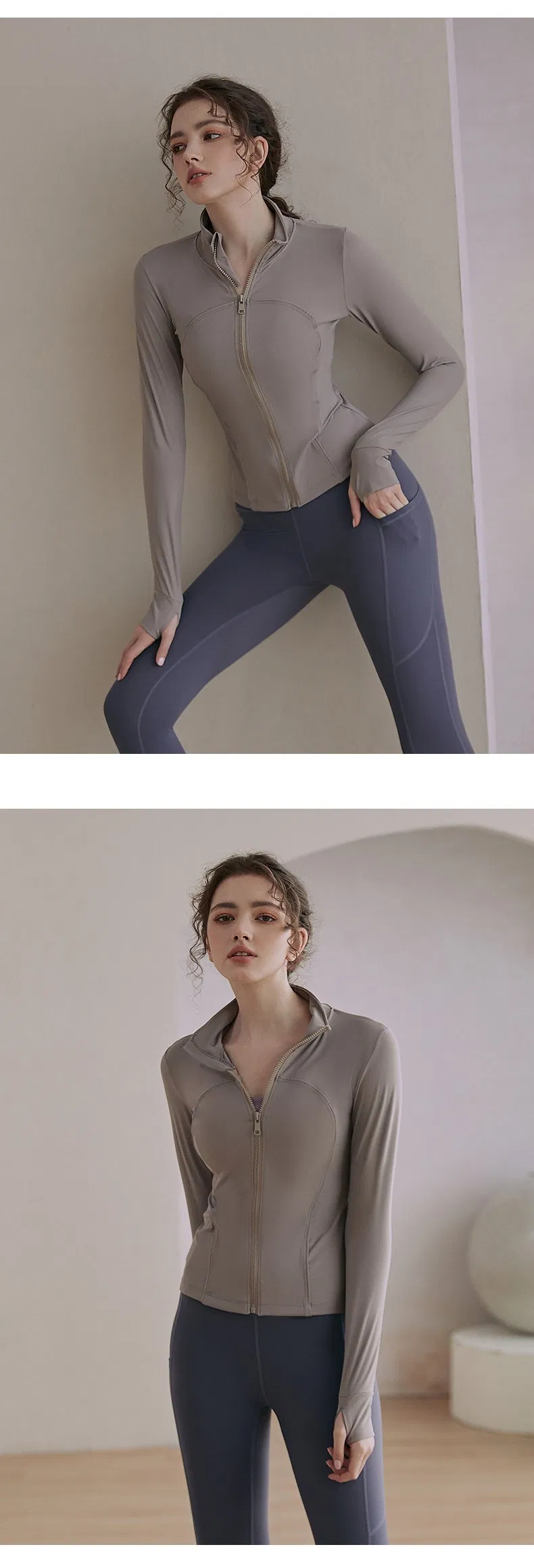 Yoga Wear Stand-up Collar Cardigan Zipper Sports Jacket Women′s Tight-Fitting Running Quick-Drying Long-Sleeved Fitness Top