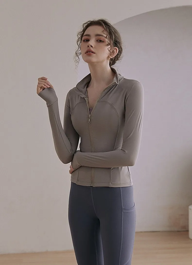 Yoga Wear Stand-up Collar Cardigan Zipper Sports Jacket Women′s Tight-Fitting Running Quick-Drying Long-Sleeved Fitness Top